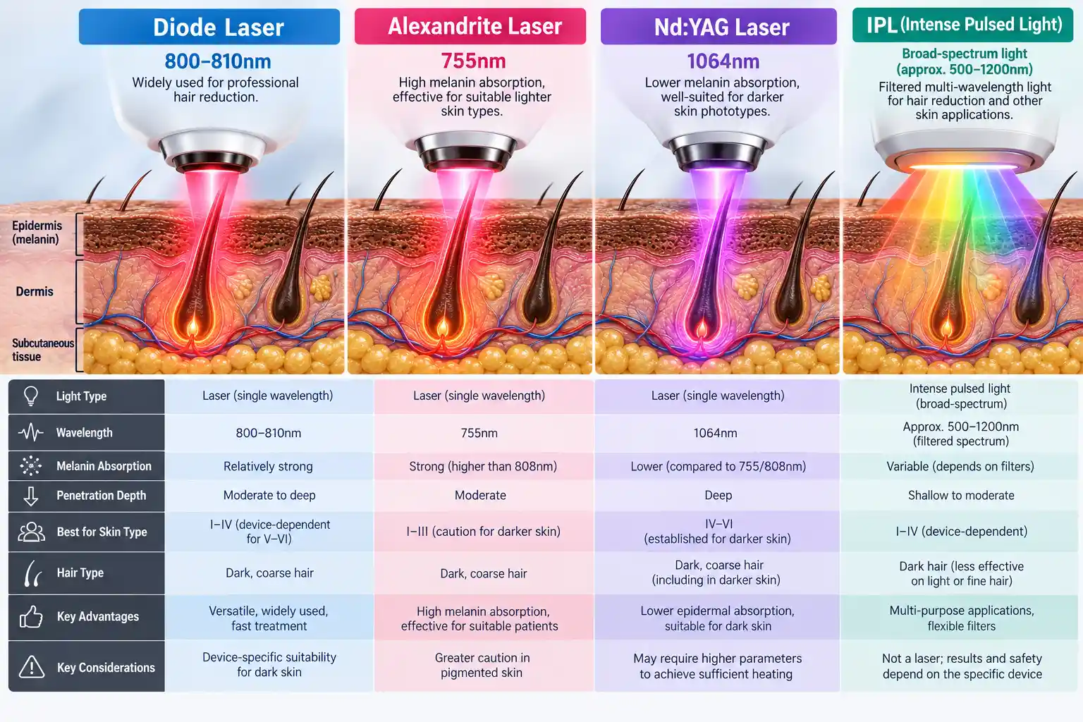 Medical infographic comparing diode alexandrite Nd YAG and IPL hair removal technologies with their light output characteristics and hair follicle targeting
