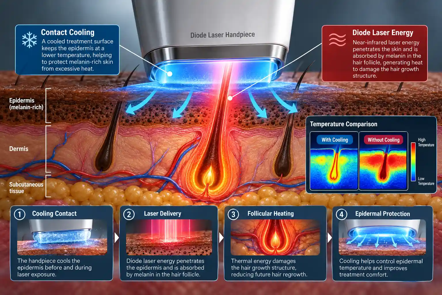 Medical cross-section showing diode laser contact cooling protecting the epidermis while laser energy targets a hair follicle in dark skin