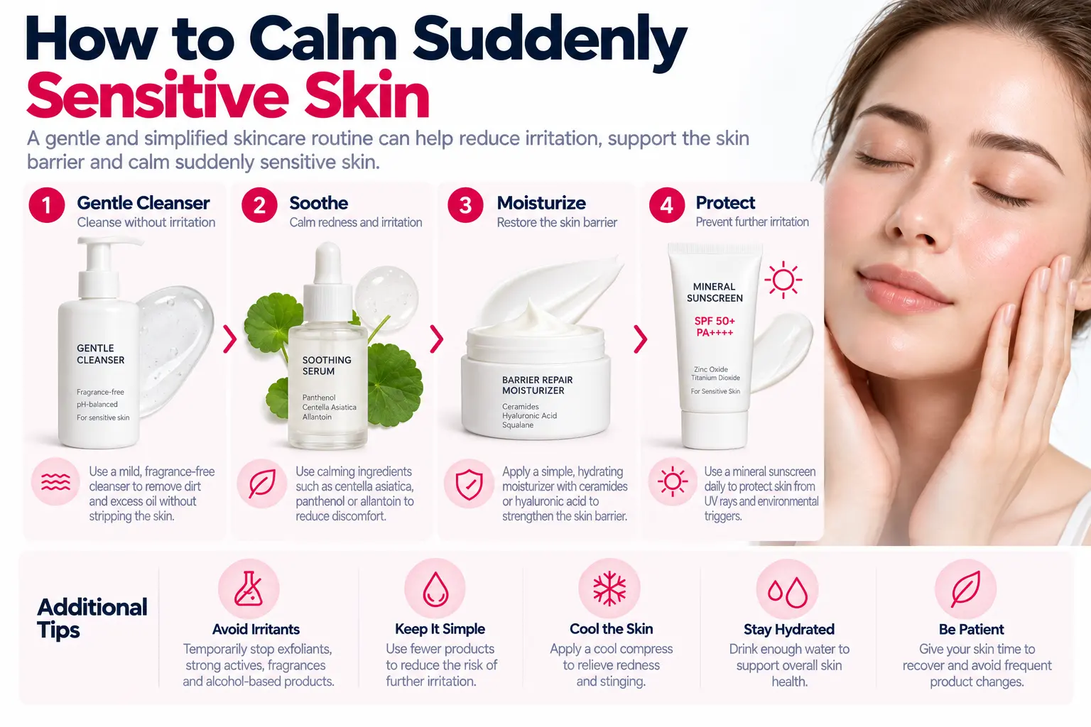 Gentle skincare routine to calm suddenly sensitive skin using cleanser moisturizer and sunscreen