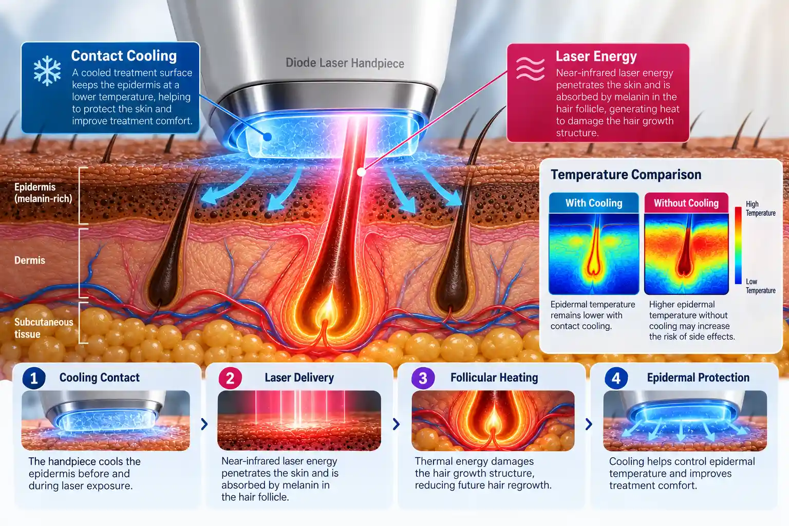 Medical illustration showing epidermal cooling during professional laser hair removal and controlled energy delivery to a pigmented hair follicle