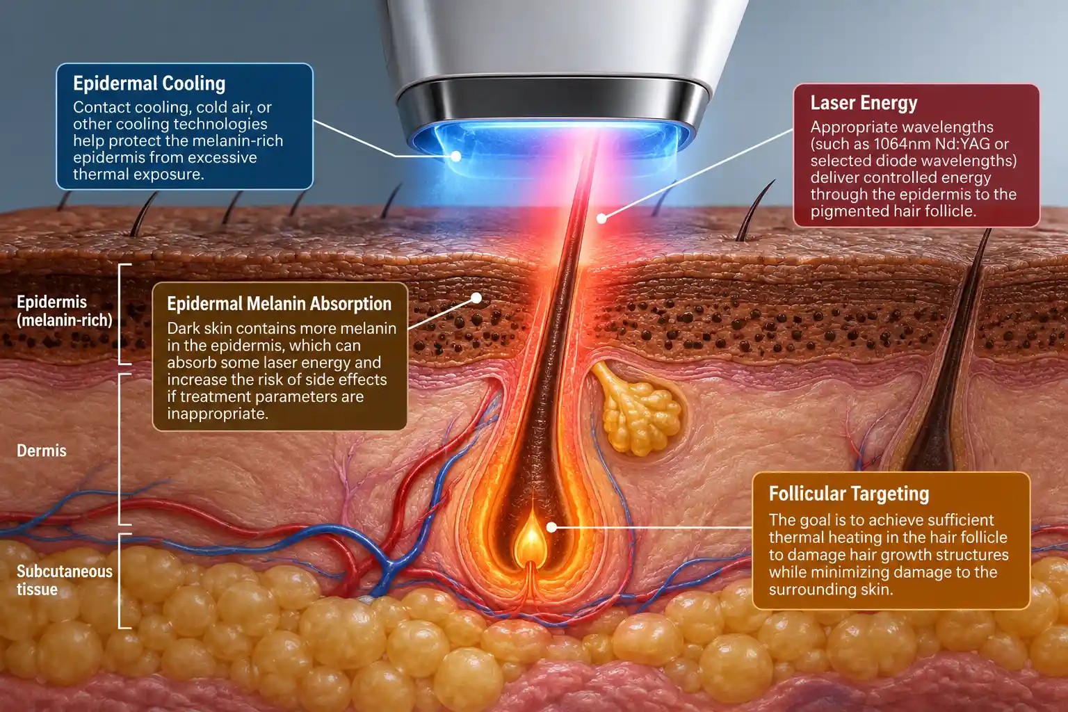 Cross-sectional medical diagram of laser hair removal for dark skin showing epidermal melanin absorption, follicular targeting, and epidermal cooling