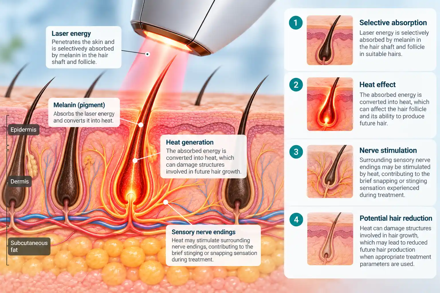 Medical illustration showing laser energy absorbed by a pigmented hair follicle and surrounding sensory nerve endings