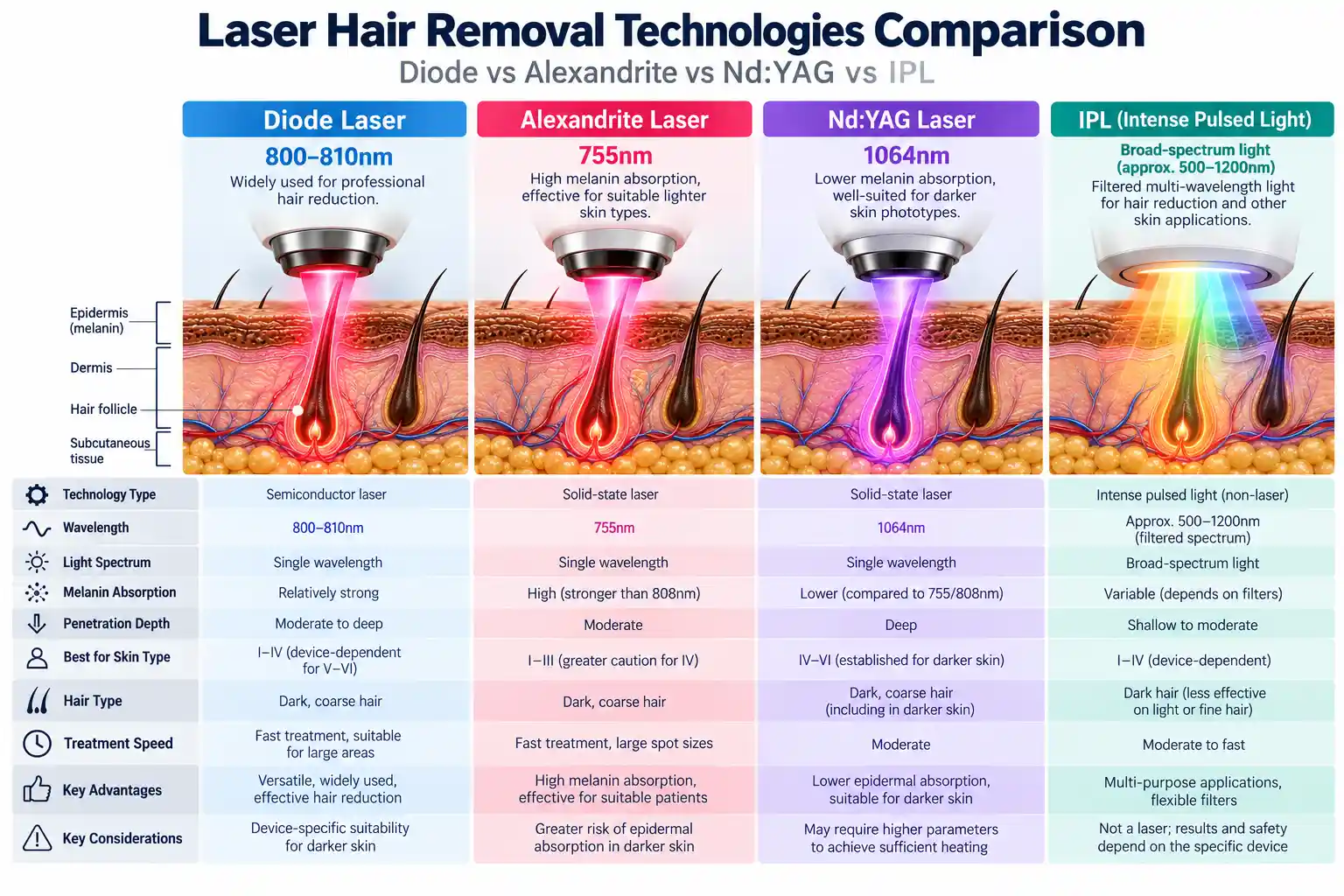 Professional comparison infographic of diode alexandrite Nd YAG and IPL hair removal technologies showing wavelengths melanin absorption and skin type considerations
