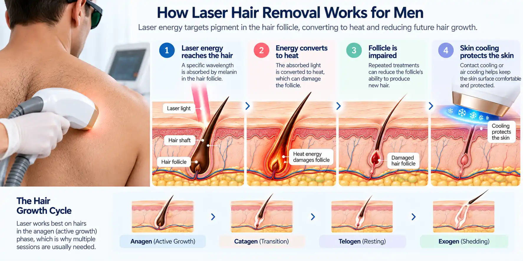 Medical illustration of laser energy targeting pigmented hair follicles in male skin and reducing future hair growth