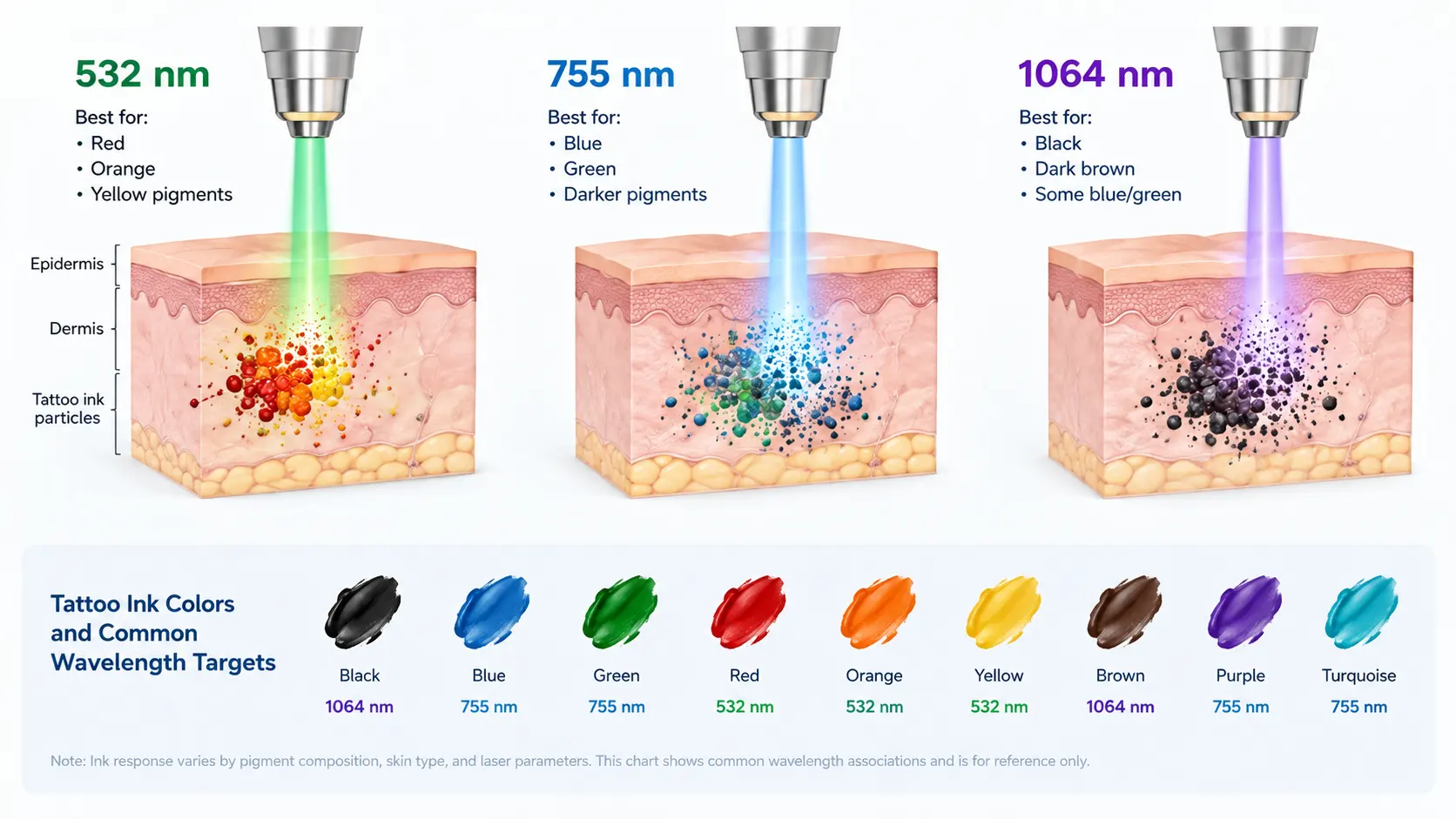 Illustrated comparison of 532 nm 755 nm and 1064 nm laser wavelengths and their potential tattoo pigment targets