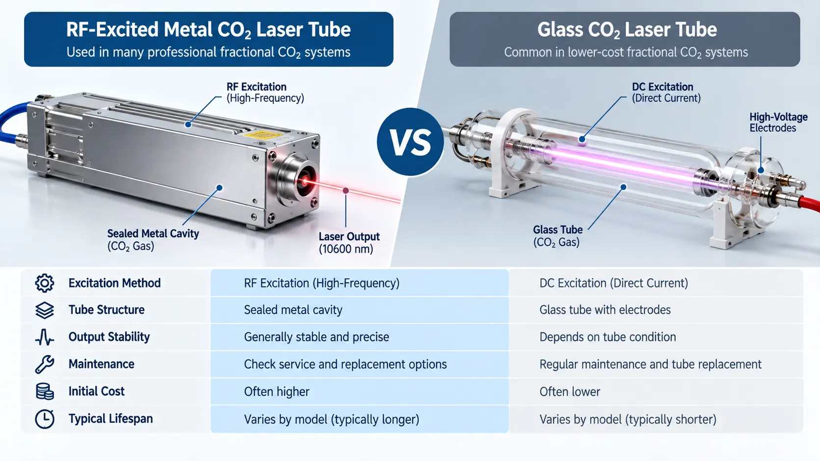 Technical comparison of RF-excited metal CO2 laser sources and DC-excited glass CO2 laser tubes