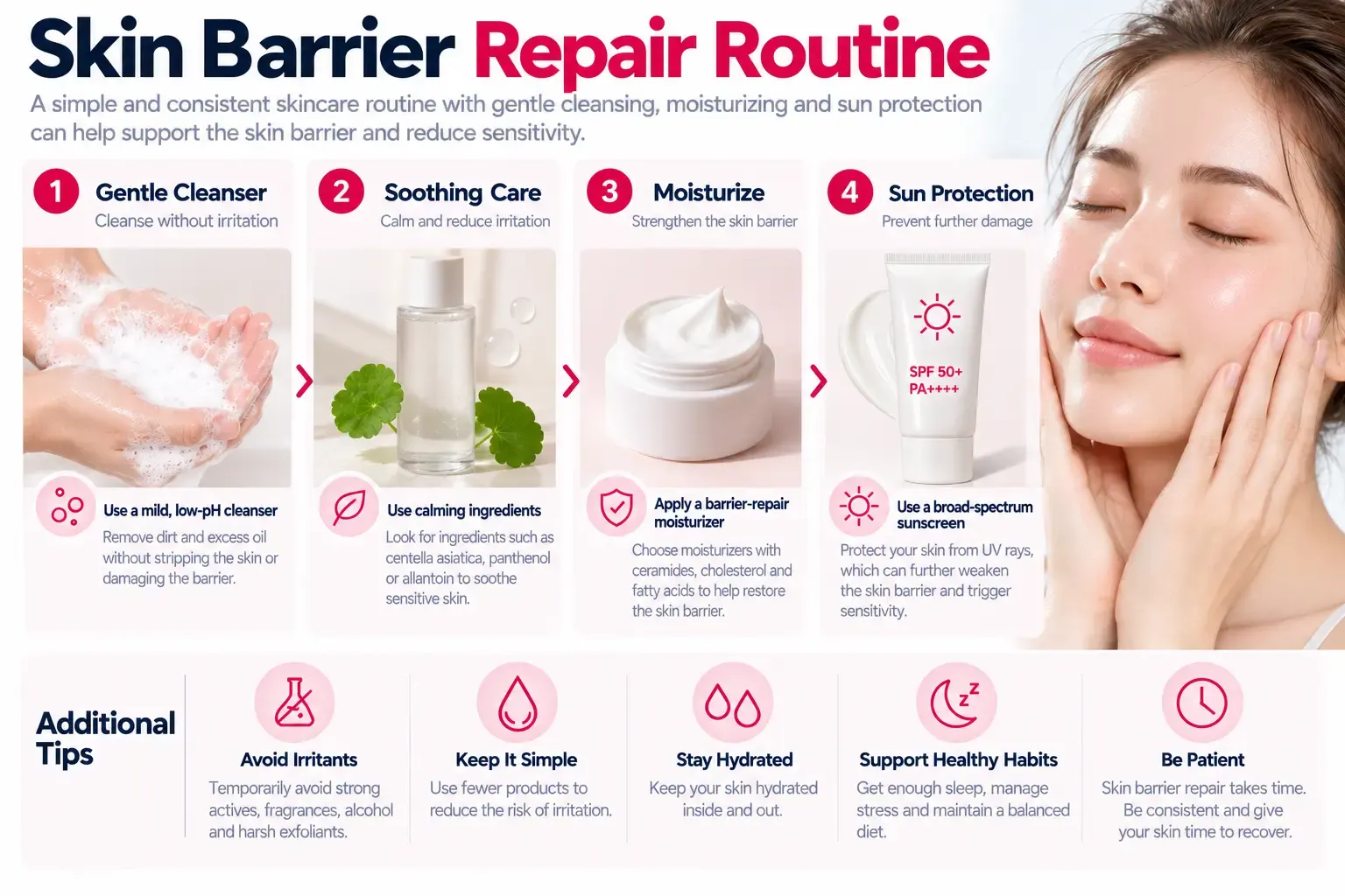Step-by-step skin barrier repair routine with gentle cleansing moisturizing and sun protection