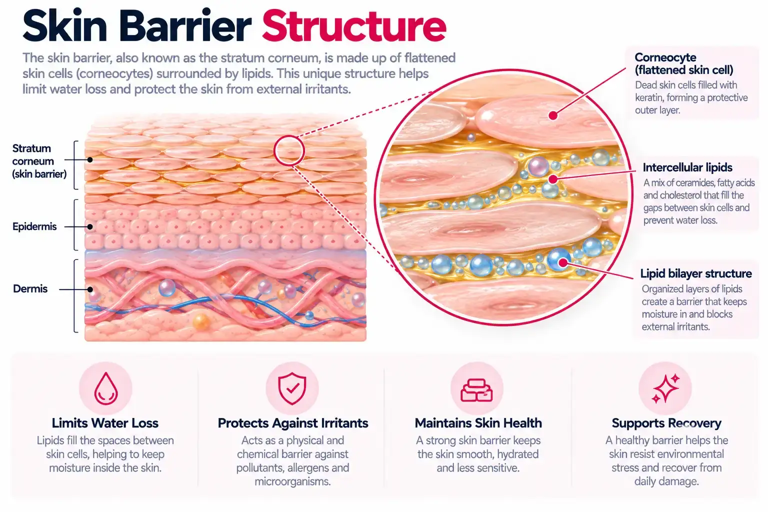 Diagram of skin barrier structure showing corneocytes and intercellular lipids