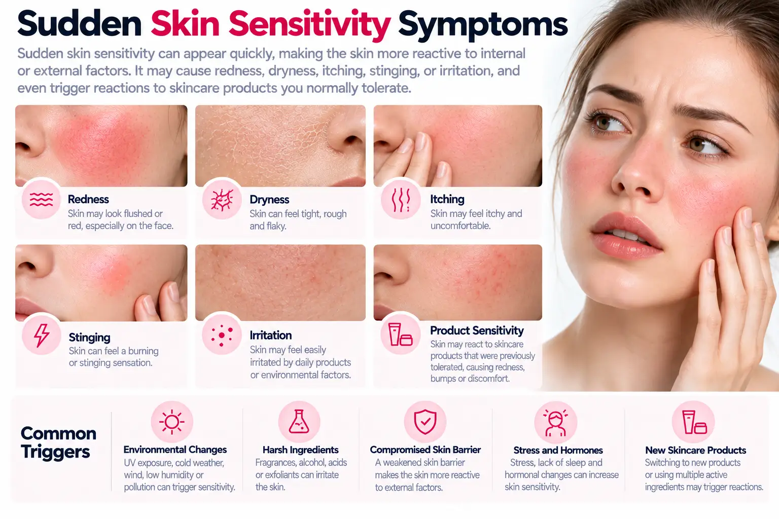 Illustration of sudden skin sensitivity symptoms including facial redness dryness and irritation